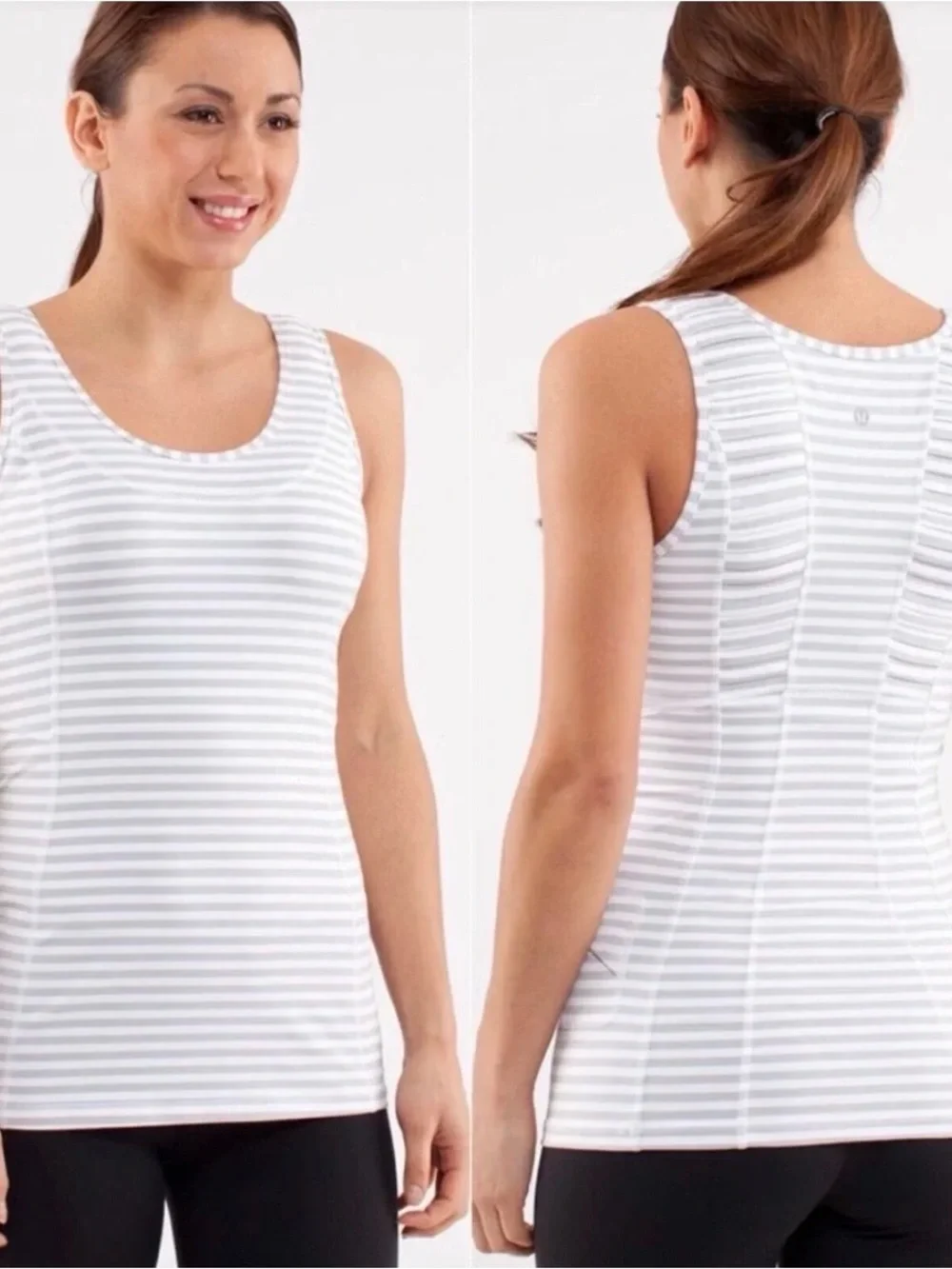 Lululemon Run Stay On Course Tank Size 10 Gray White Stripe Pleated Running Top